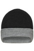 A reversible beanie featuring a black top and a grey cuff, with a logo on the cuff.