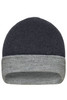 A reversible beanie featuring a dark grey top and a light grey cuff, with a simple logo on the inside.
