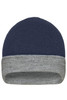 A reversible beanie in navy blue with a grey cuff, featuring a subtle logo on the surface.