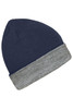 A reversible beanie in navy blue and grey with a folded cuff, featuring a logo.