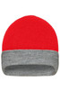 A reversible beanie featuring a bright red top with a grey cuff. It includes a branded logo.