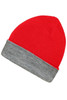 A reversible beanie featuring a bright red top and a grey cuff, with a logo on the side.