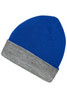 A reversible beanie in blue with a grey cuff, featuring a logo.