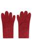 A pair of red fleece gloves with a textured finish, featuring a logo on one glove.