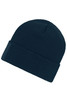 A navy knitted beanie featuring a patch, showcasing a simple and versatile design.