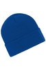 A knitted beanie in bright blue with a cuffed design and a patch on one side.