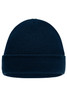 A knitted beanie in dark navy blue with a folded cuff. It features a logo on the side.