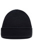 A knitted black beanie with a folded cuff and ribbed texture, featuring a logo. Perfect for kids' headwear.