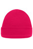 A bright pink knitted beanie featuring a folded brim and a simple design, with a logo present.