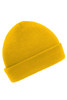 A bright yellow knitted beanie with a folded cuff and a smooth texture, featuring a logo.