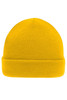A bright yellow knitted beanie with a folded cuff and a smooth texture. It features a branding logo.