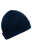 A navy knitted beanie with a rolled cuff and a plain design. It features a logo on one side.