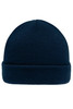 A navy blue knitted beanie with a folded cuff and a smooth texture, featuring a logo on the side.
