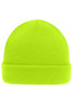 A bright yellow knitted beanie with a folded cuff and a smooth texture. It features a logo on the front.