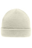 A cream-coloured knitted beanie with a folded cuff and a simple design. It features a logo on the side.