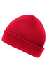 A bright red knitted beanie with a fold-up cuff and a smooth texture. It features a small logo.