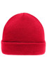 A red knitted beanie with a folded cuff, featuring a simple design and a logo.