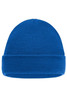 A blue knitted beanie featuring a fold-up cuff and a textured design. It has a branding logo on the side.