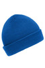 A blue knitted beanie with a fold-up cuff and a smooth texture, featuring a logo.