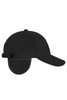A black 6-panel fleece cap with earflaps and an adjustable strap at the back. It has a logo on the side.
