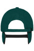 A green 6-panel fleece cap with earflaps and an adjustable strap, featuring a logo on the side.