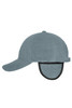 A grey fleece cap with earflaps and a curved brim. It features a logo on the side.