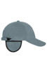 A grey fleece cap with earflaps and an adjustable strap, featuring a logo on the side.