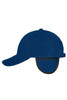A blue fleece cap with ear flaps and a curved brim, featuring a logo on the side.