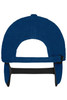 A blue fleece cap with earflaps and an adjustable strap at the back, featuring a logo.