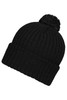 A black knitted beanie with a pompon on top and a folded cuff. It features a branding logo.