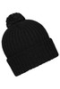 A black knitted beanie with a pompon on top, featuring a textured ribbed design.
