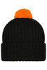 A black knitted beanie featuring an orange pompon on top. The beanie has a ribbed texture and a logo.