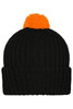 A black knitted beanie featuring a bright orange pompon on top and a ribbed design. It has a logo tag.