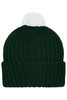 A knitted beanie in dark green with a white pompon on top. The beanie features a ribbed design and a folded cuff.