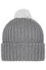 A grey knitted beanie with a white pompon on top. It features a ribbed design and a folded brim.