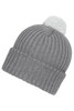 A grey knitted beanie with a white pompon on top, featuring ribbed detailing. It has a logo on it.