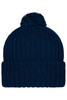A navy knitted beanie with a pompon on top. The beanie features a ribbed texture and has a logo.