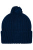 A navy knitted beanie with a pompon on top. It features a ribbed texture and a fold-over cuff.