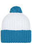 A knitted beanie featuring a blue and white design with a fluffy pompon on top. It has a ribbed texture and a logo.