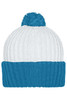 A knitted beanie featuring a white body, blue cuff, and a blue pompon on top. It includes a brand logo.