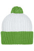 A knitted beanie in white with a green cuff and pompon on top, featuring a simple design and soft texture.
