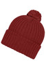 A knitted beanie in a rich burgundy colour with a fluffy pompon on top. Includes a logo.
