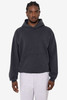 A grey hooded pullover made from heavy fleece, featuring a front pocket and loose fit. It has a logo on it.