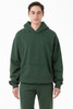 A green garment dye heavy fleece hooded pullover with a front pocket and a relaxed fit.