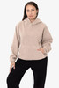 A heavy fleece hooded pullover in beige, featuring a front pocket and a relaxed fit. Includes a logo.