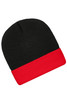 A knitted beanie featuring a black top and a red cuff, complete with a logo.