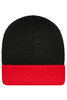 A knitted beanie featuring a black body and a red cuff, with a logo on the side.