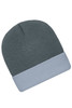 A knitted beanie in a grey tone with a light blue cuff. Features a logo.