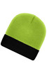 A knitted beanie in bright green with a black cuff, featuring a logo on the front.