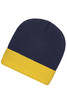 A knitted beanie in navy blue with a bright yellow cuff, featuring a logo on the side.